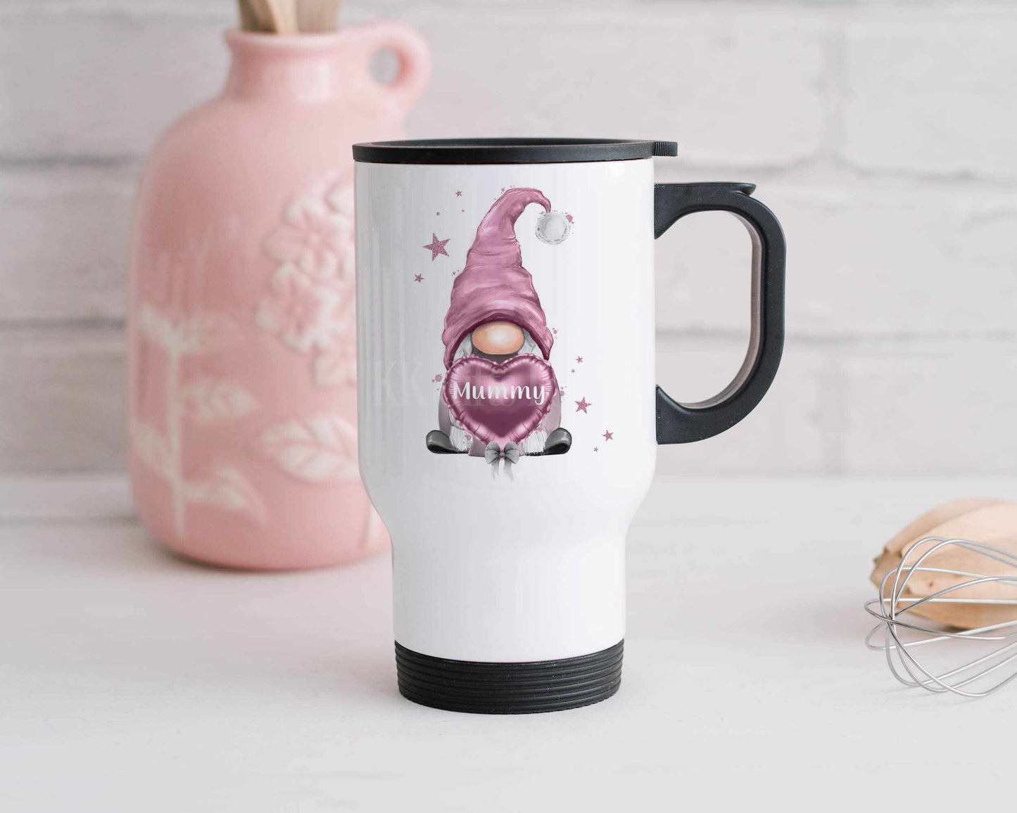 Pink Gonk Travel Mug, Personalised Hot Drink Cup, Female Travel Mug