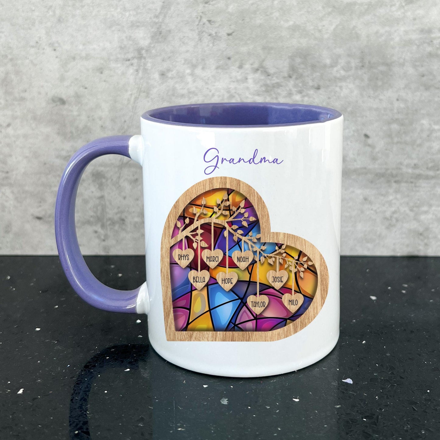 Personalised Purple Mug & Coaster, Stained Glass Style Heart Mug, Gifts For Mother's Day Mum Nan Gran, Grandmother Birthday Gift