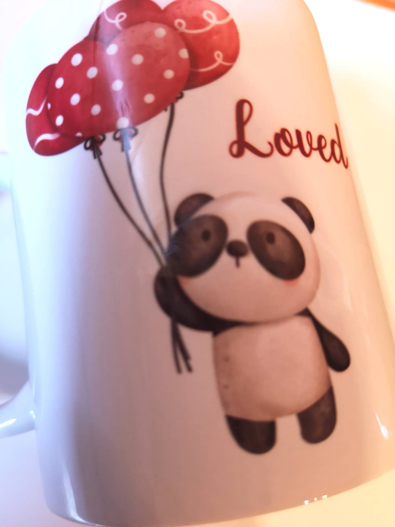 Personalised Cute Panda Mug, Panda Holding Heart Balloon, Black And White Panda Red Balloon, Mug And Coaster
