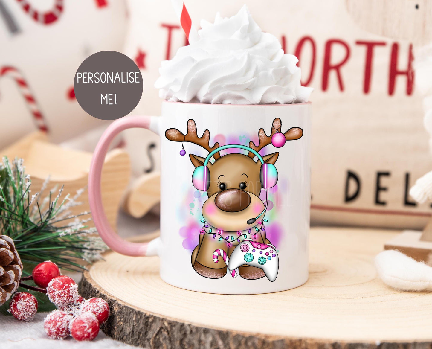 Children's Christmas Mug, Personalised Pink Reindeer Mug, Gamer Gifts