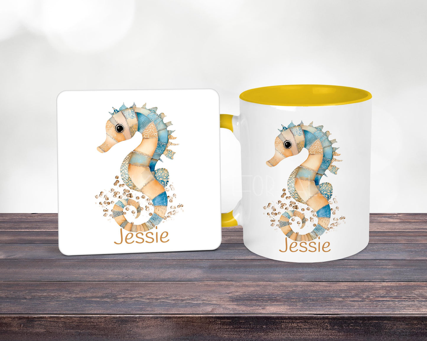 Personalised Seahorse Mug & Coaster, Gift For Woman - Mum Nan Aunt Friend, Seahorse Birthday Or Anniversary Gift, Patchwork Seahorse
