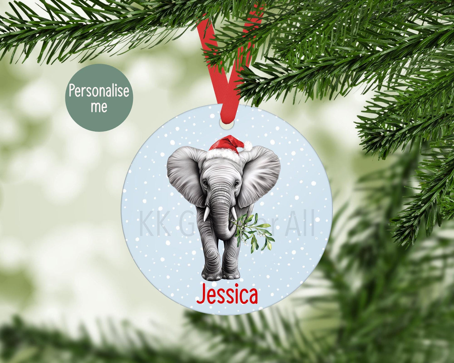 Personalised Elephant Christmas Tree Decoration, Elephant Lover Christmas Ornament