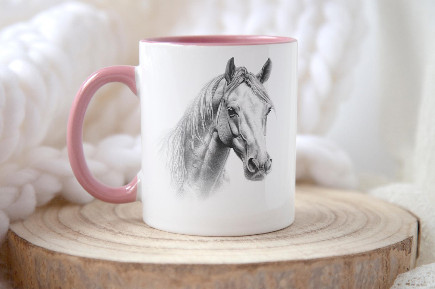 Personalised Horse Mug: Sketch Art, Pink Handle, Horse Lover Gift
