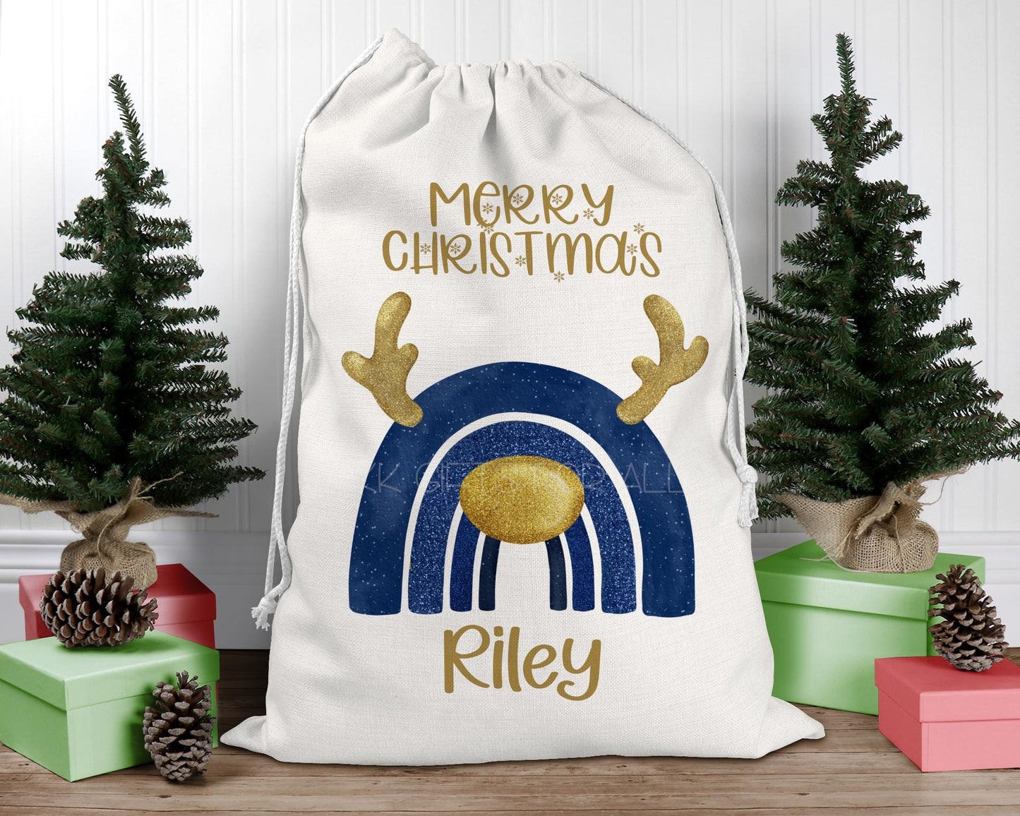 Personalized Santa Sack: Navy Blue Christmas Rainbow Linen Gift Bag