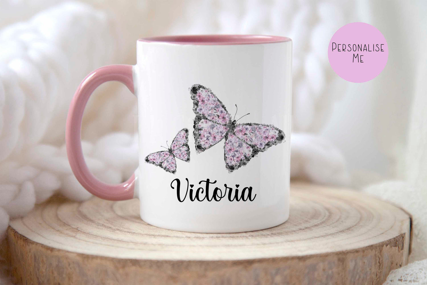 Pink Butterfly Mug & Coaster, Personalised BirthdayAnniversary Gift, Gift For Mum Nan Wife Girlfriend, Floral Butterfly