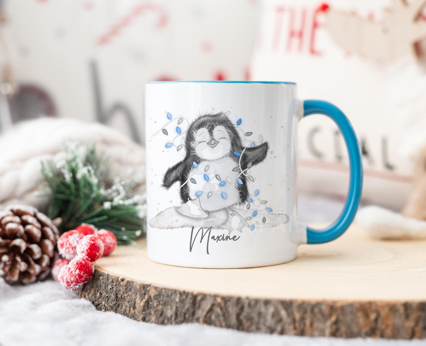 Personalised Blue Christmas Penguin Mug, Sketch Penguin With Xmas Lights, Christmas Hot Choc Mug