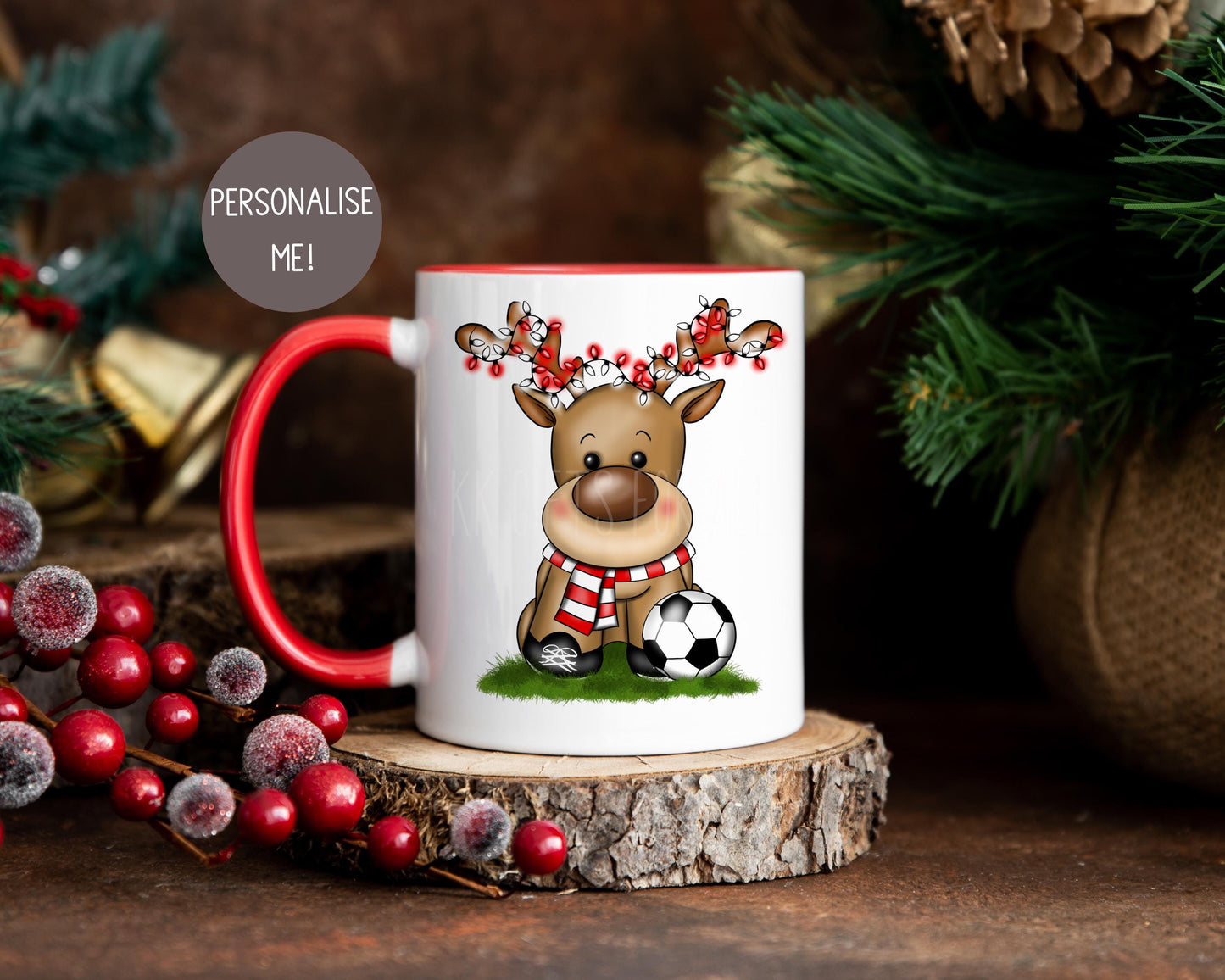Personalised Christmas Football Reindeer Mug, Christmas Mug For Boys