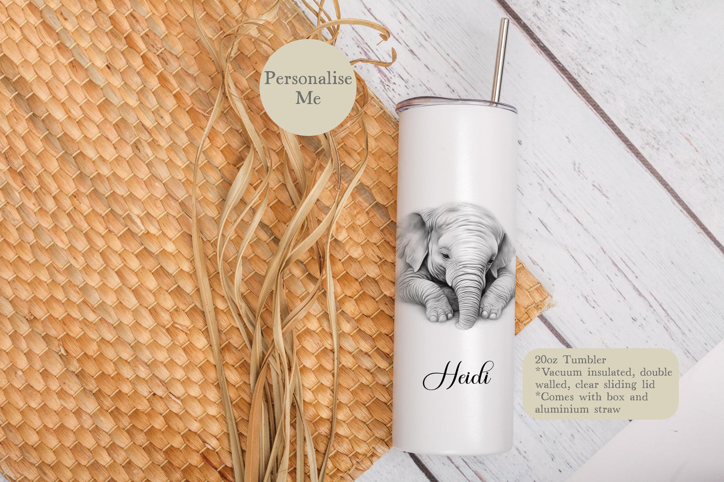Personalised Elephant Tumbler: 20oz Insulated Hot/Cold Drinkware