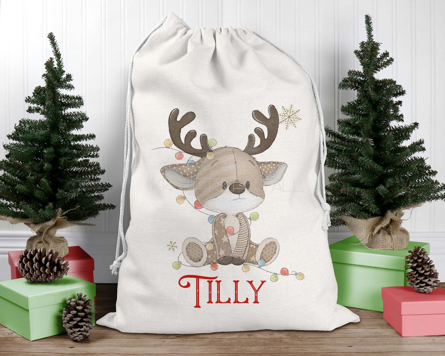 Personalised Linen Santa Sack, Large Christmas Present Bag With Reindeer, Drawstring Closure