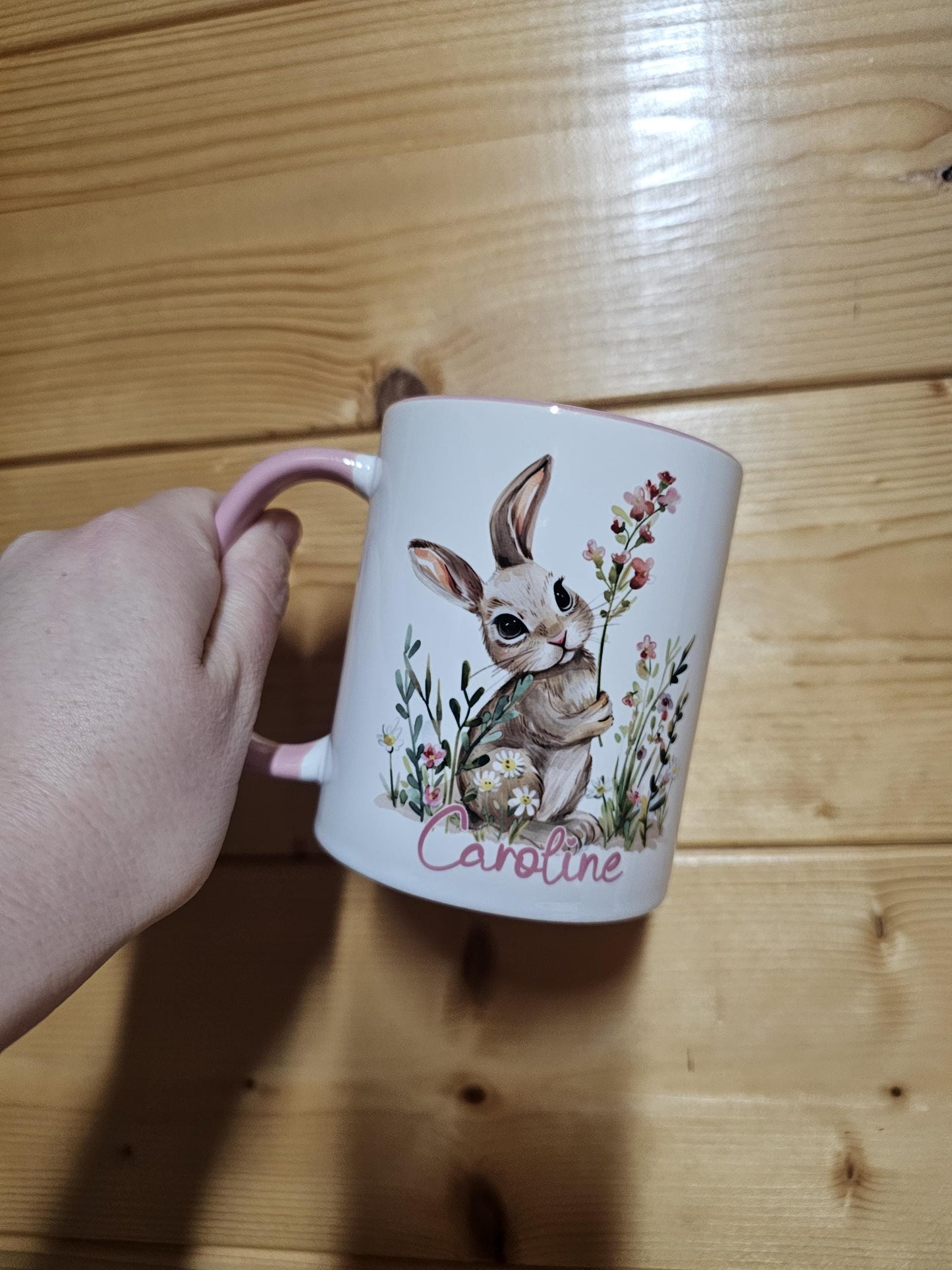 Personalised Rabbit Mug, Rabbit Lover Gifts, Floral Bunny Mug & Coaster, Mug For Girls Wife Mum
