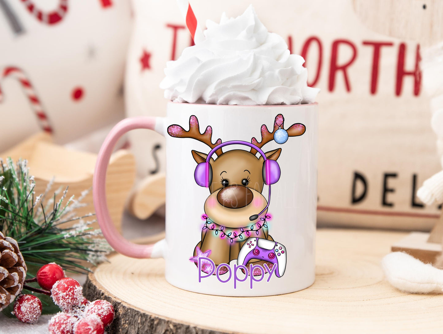 Personalised Children's Christmas Eve Mug, Pink Gaming Christmas Reindeer Mug