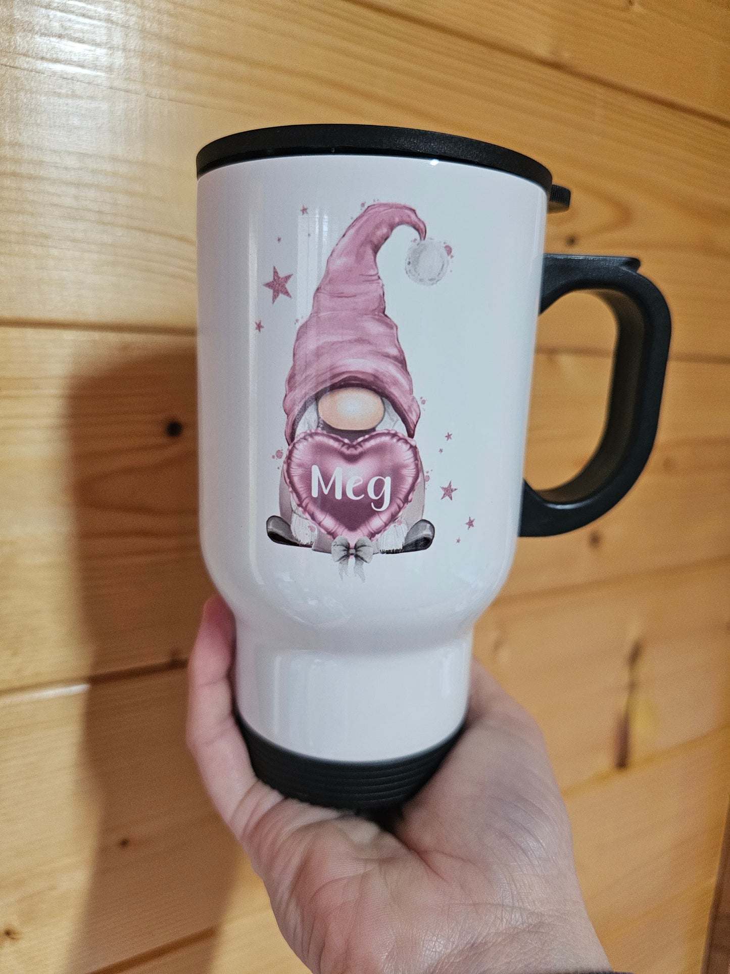 Pink Gonk Travel Mug, Personalised Hot Drink Cup, Female Travel Mug