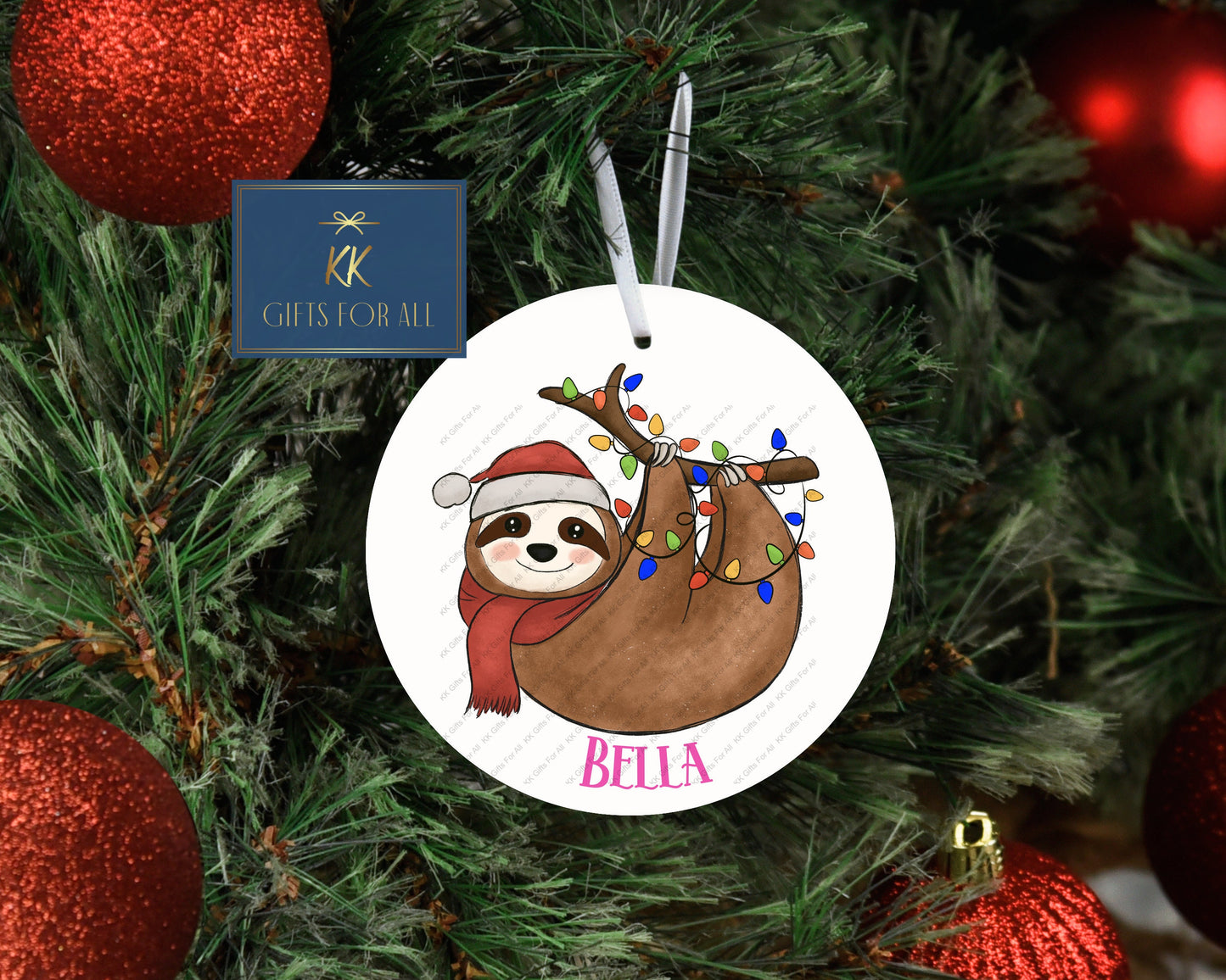 Personalised Christmas Tree Decoration, Christmas Hanging Ornament, Metal Tree Decoration, Hanging Sloth Santa Hat Xmas Lights, Custom Sloth