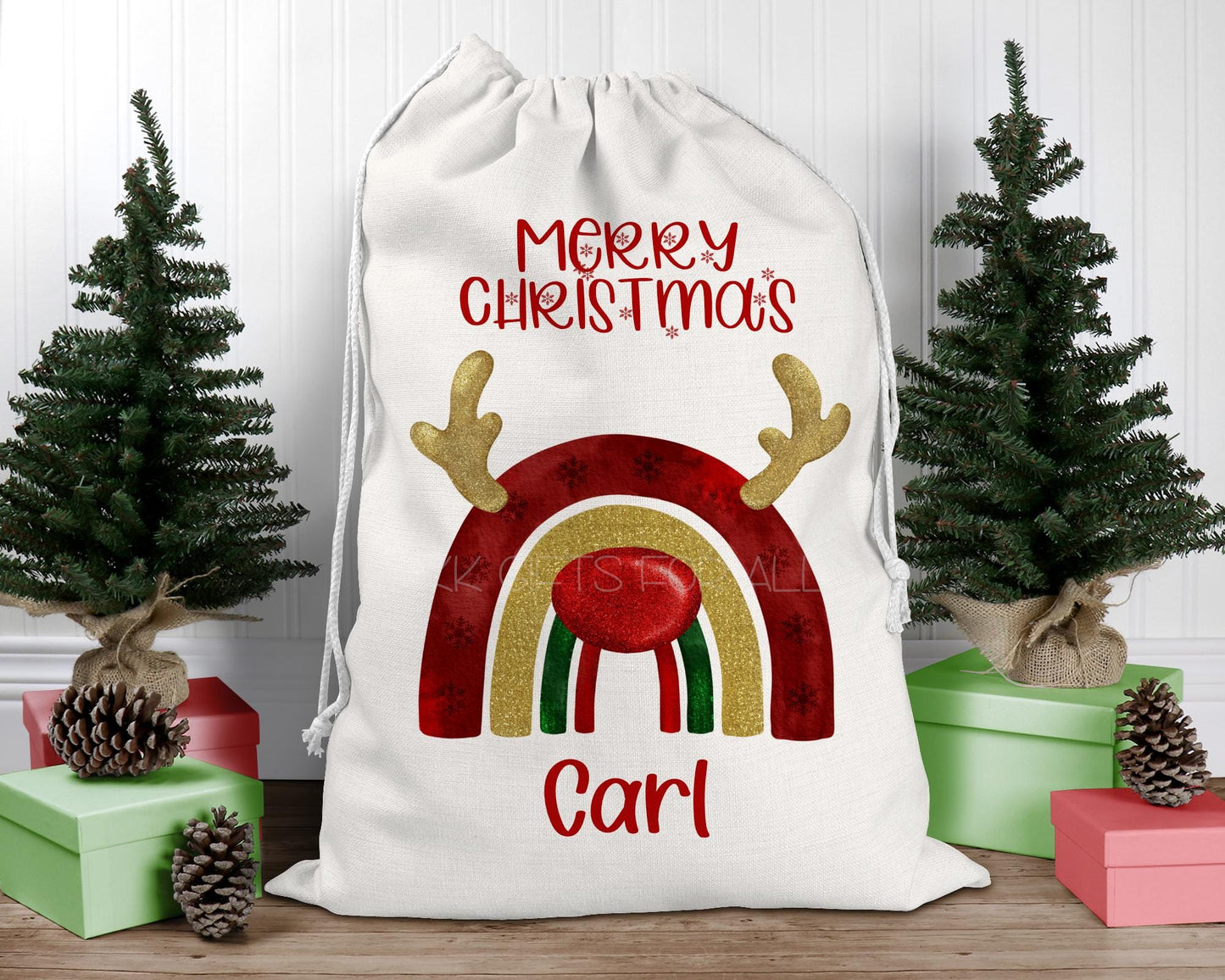 Personalised Rainbow Santa Sack, Large Linen Christmas Present Bag