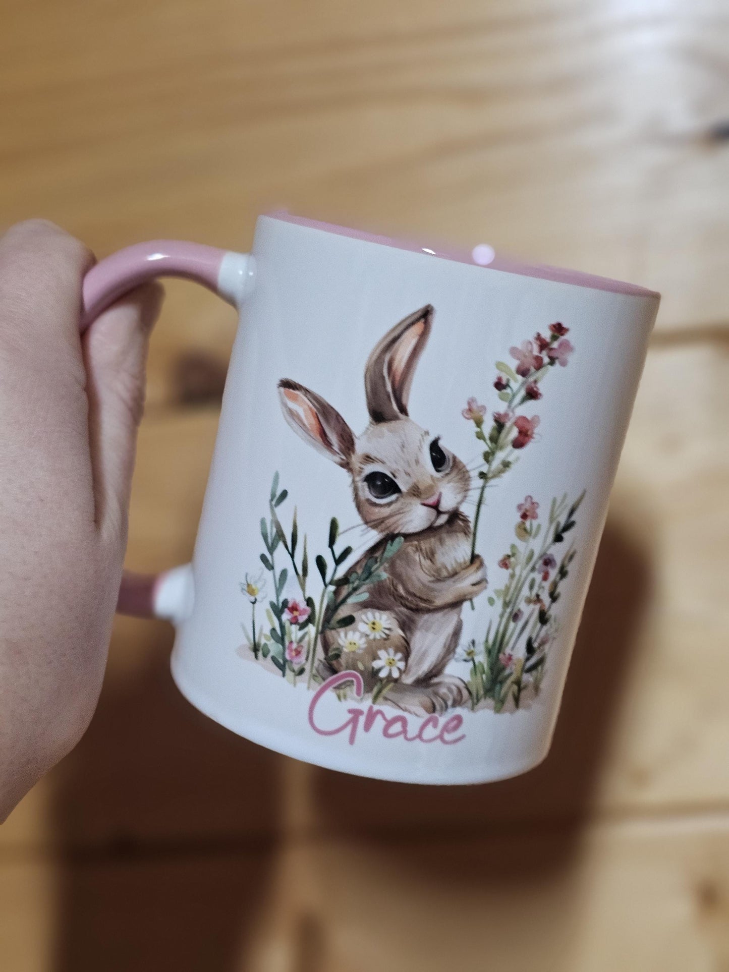 Personalised Rabbit Mug, Rabbit Lover Gifts, Floral Bunny Mug & Coaster, Mug For Girls Wife Mum