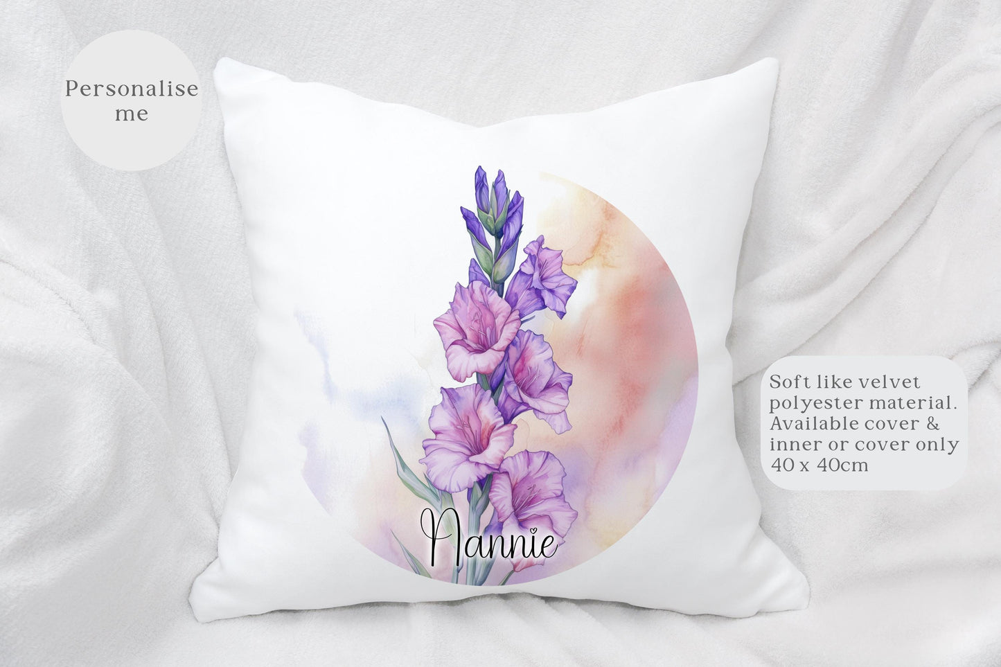 Pink & Purple Gladiolus Cushion, Watercolour Flower Home Decor Pillow, Gift For Gardener, Mother's Day Gift Nan Gran Mum