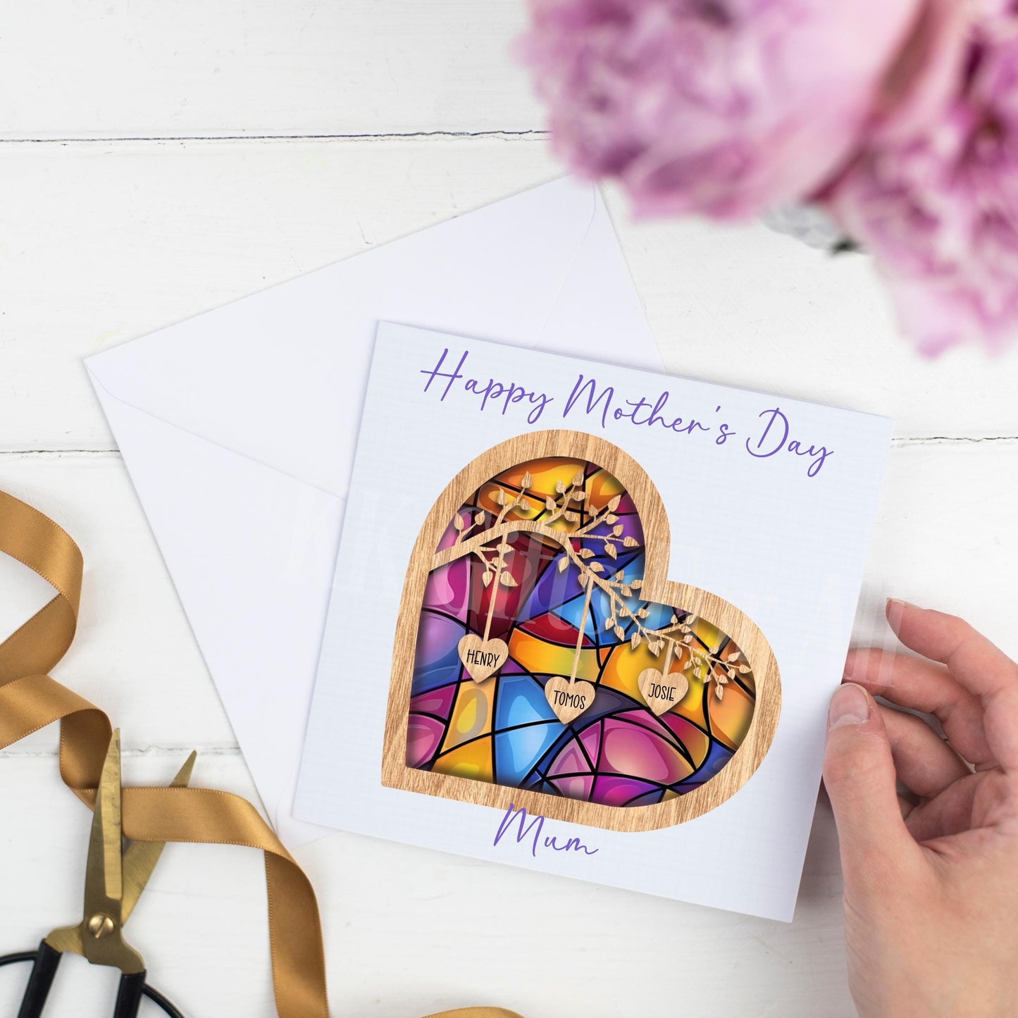 Personalised Mother's Day Card, Keepsake Sentimental Mother's Day Card, Family Tree Branch Card, Stained Glass Heart Mum Grandmother