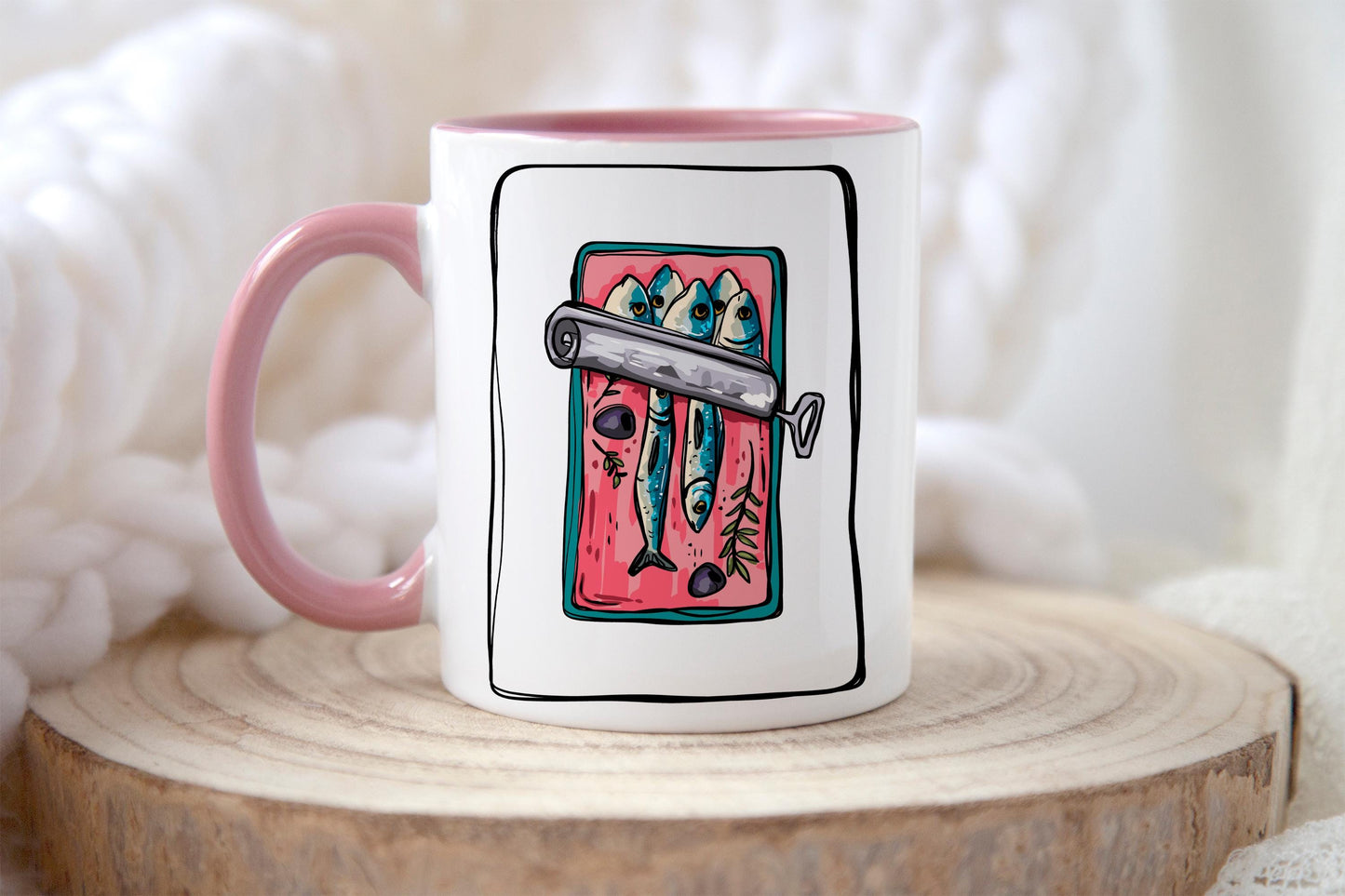 Personalised Pink Sardine Mug & Coaster: Tinned Fish Lover Gift