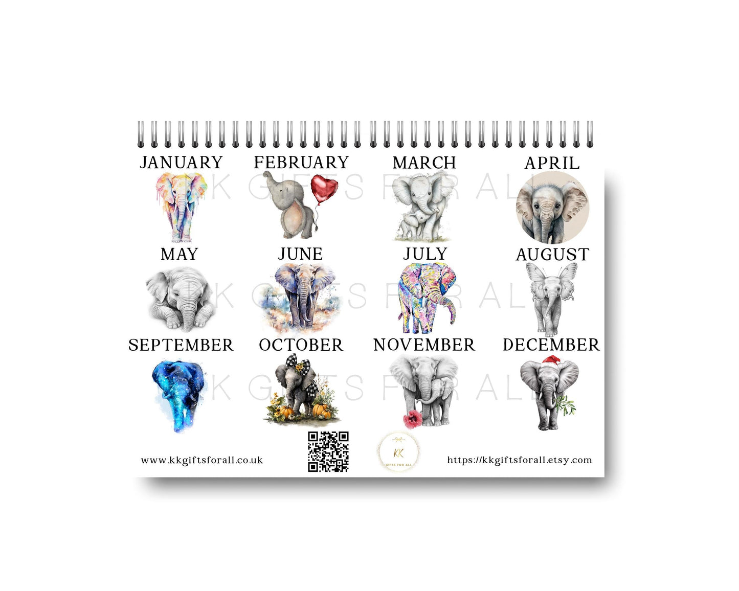 Elephant 2026 Wall Calendar: Hand-Drawn Art, A4 Landscape