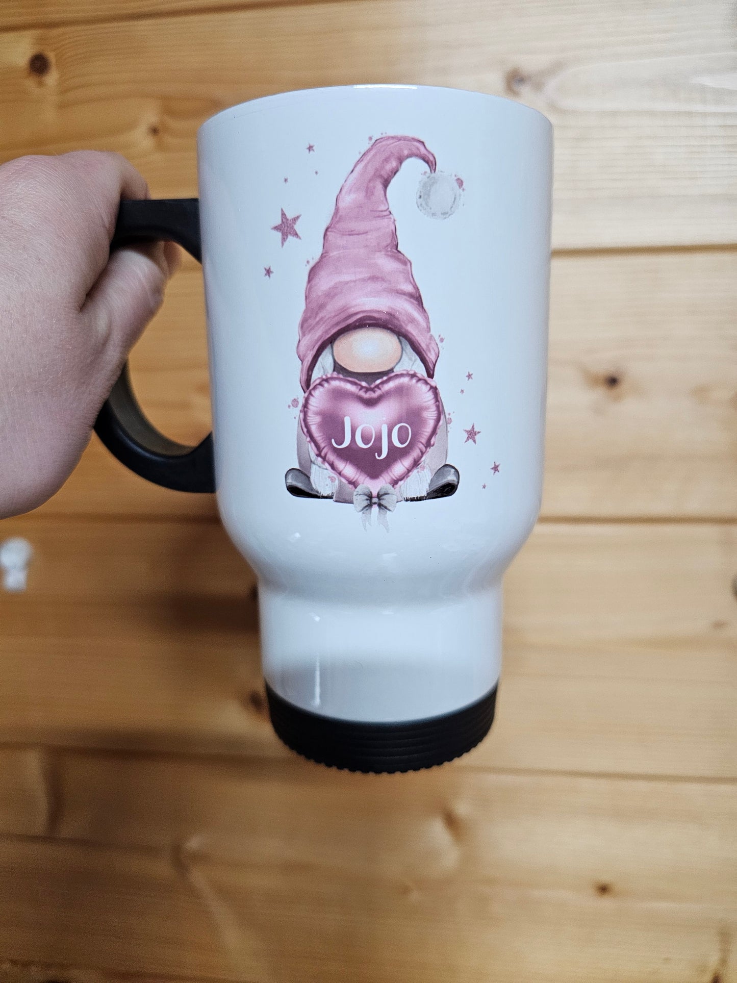 Pink Gonk Travel Mug, Personalised Hot Drink Cup, Female Travel Mug