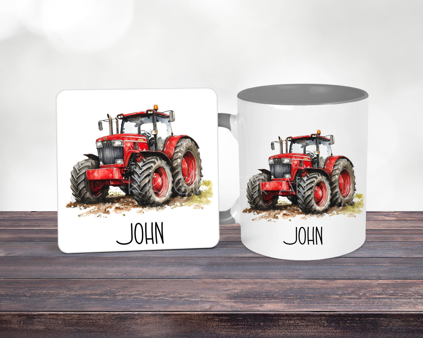 Personalised Red Tractor Mug & Coaster Set, Farmer Gift, Grey Mug