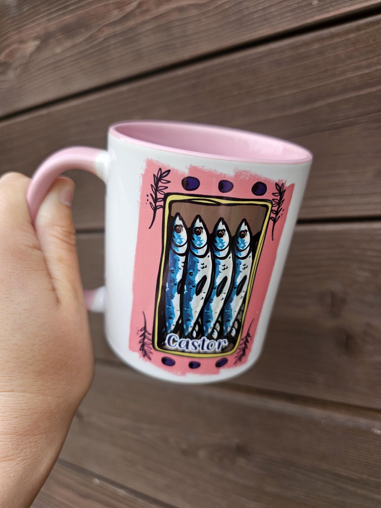 Personalised Pink Sardine Mug & Coaster: Tinned Fish Gift