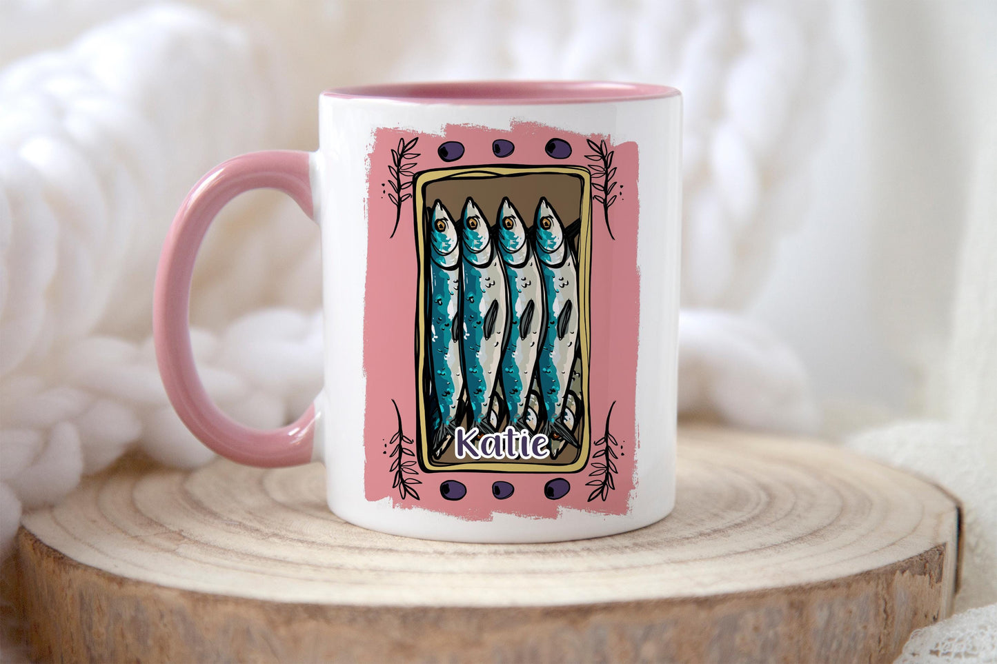 Personalised Pink Sardine Mug & Coaster: Tinned Fish Gift