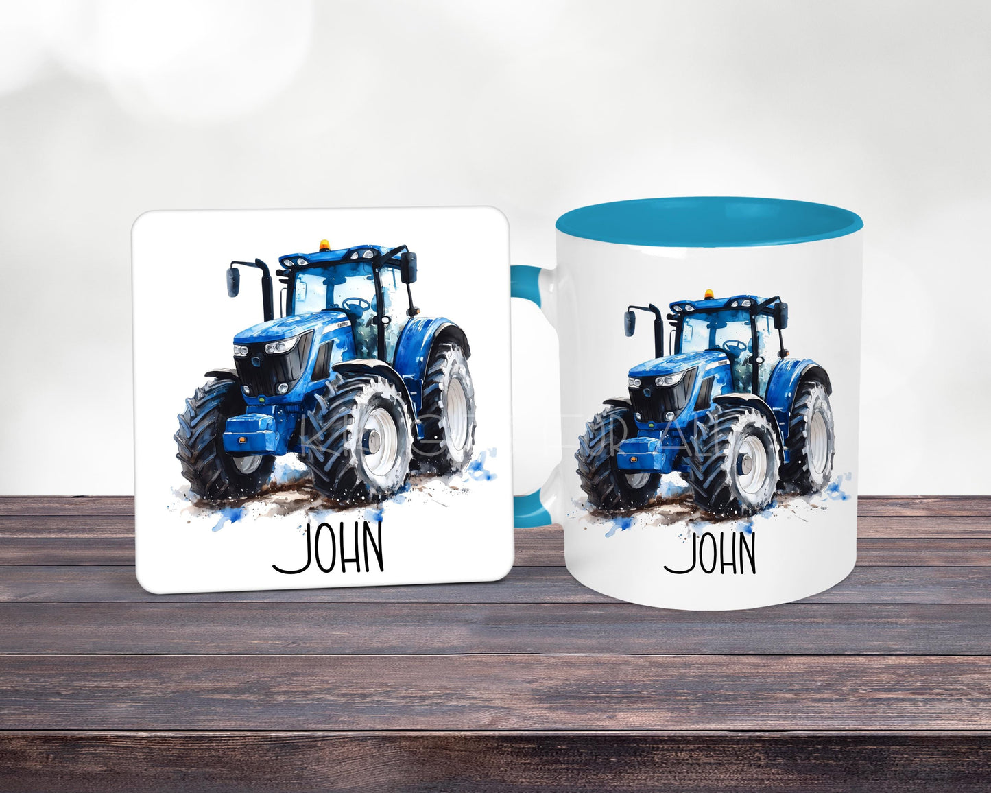 Personalised Blue Tractor Mug & Coaster Set, Farmer Gift