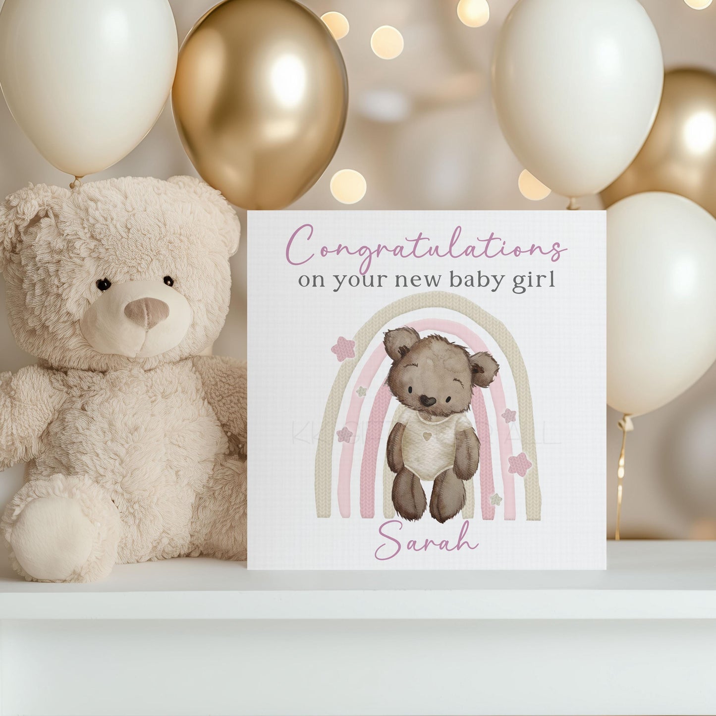 Personalised New Baby Girl Card, Watercolor Teddy Bear Congratulations Card