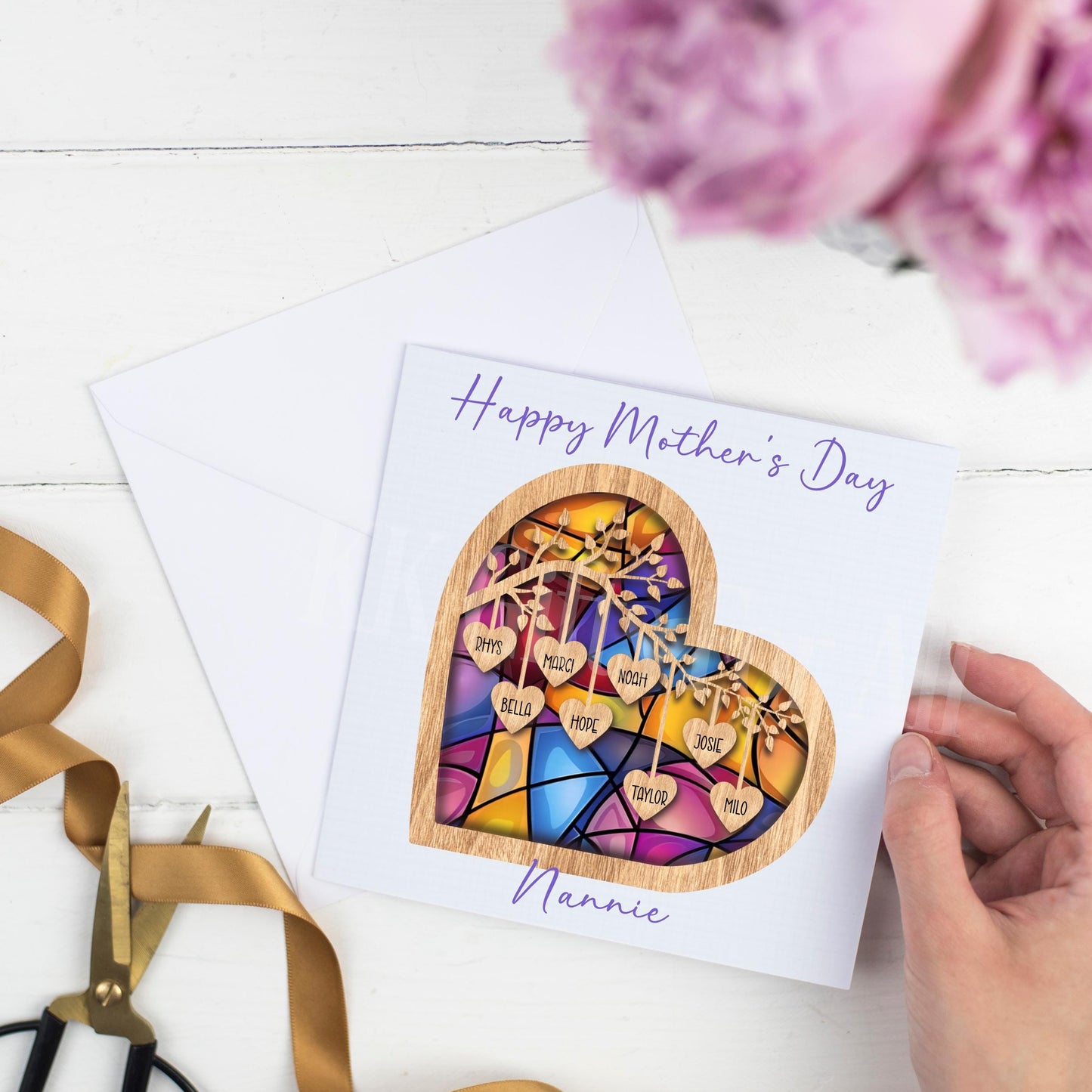 Personalised Mother's Day Card, Keepsake Sentimental Mother's Day Card, Family Tree Branch Card, Stained Glass Heart Mum Grandmother