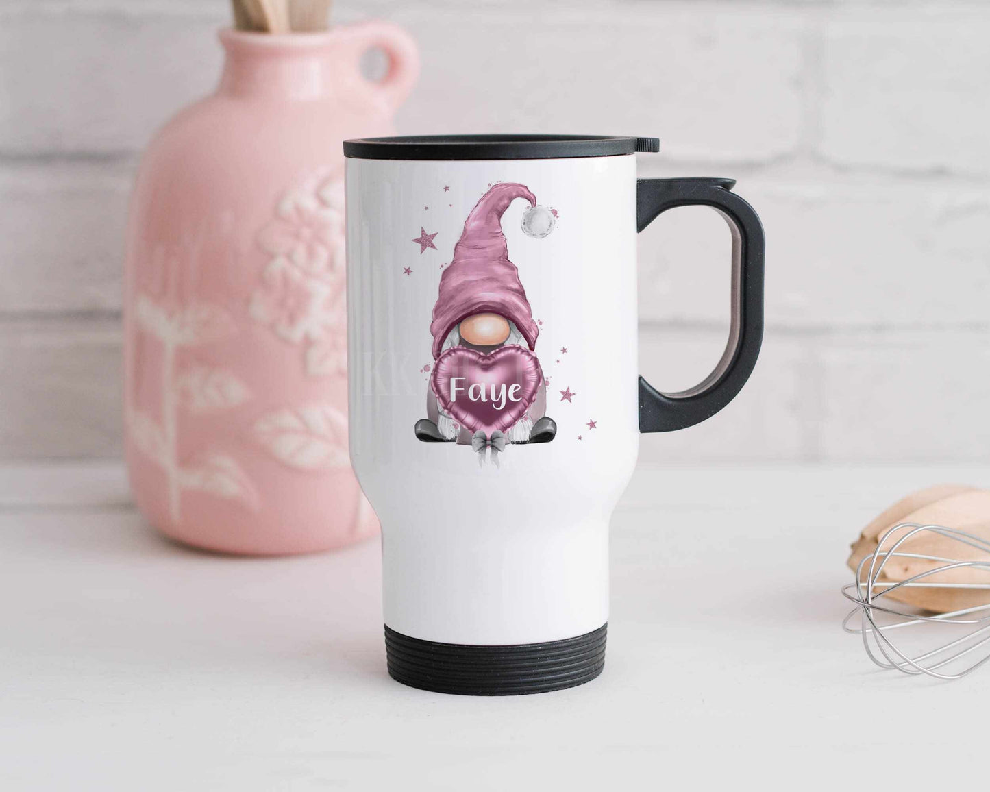 Pink Gonk Travel Mug, Personalised Hot Drink Cup, Female Travel Mug