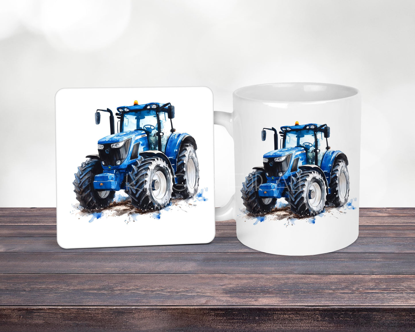Personalised Blue Tractor Mug & Coaster Set, Farmer Christmas Or Birthday Gift