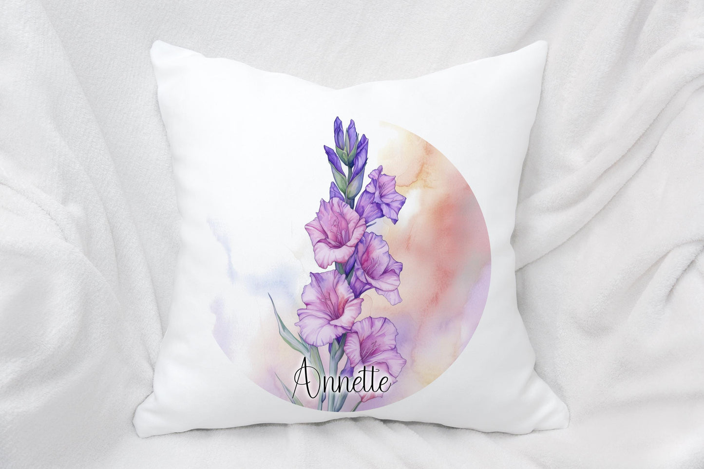 Pink & Purple Gladiolus Cushion, Watercolour Flower Home Decor Pillow, Gift For Gardener, Mother's Day Gift Nan Gran Mum