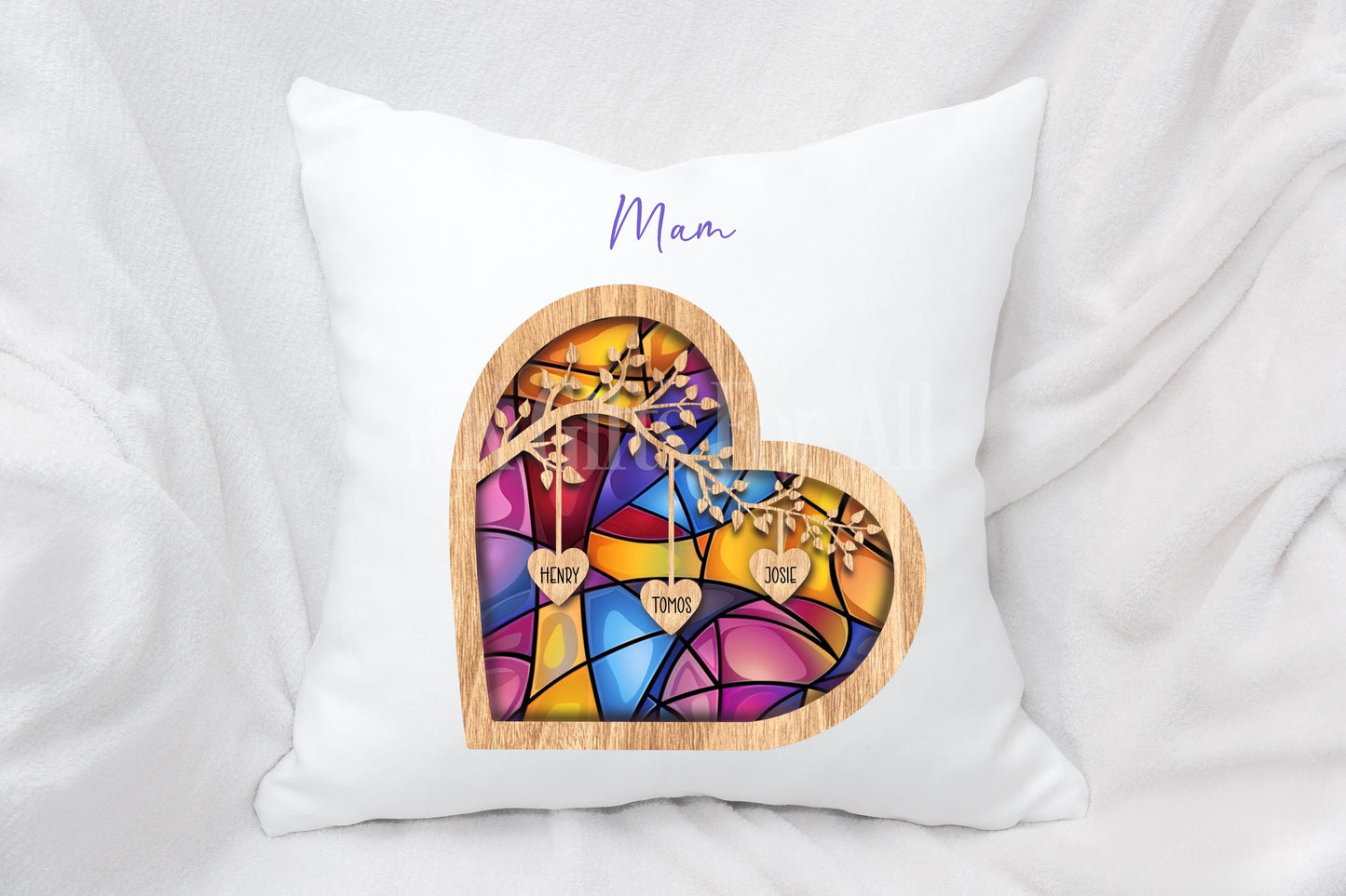 Personalised Sentimental Family Tree Cushion, Gift For Grand Mother, Mother's Day Gift For Mum Nan Gran, Stained Glass Style Heart Cushion