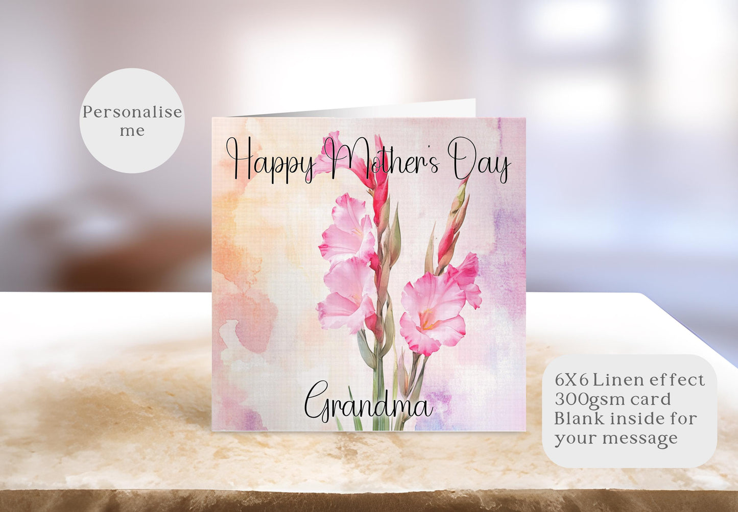 Pink Gladiolus Mother's Day Card, Personalised Mother's Day Card, Card For Mum Granny Nan Who Loves Gladiolus Flowers