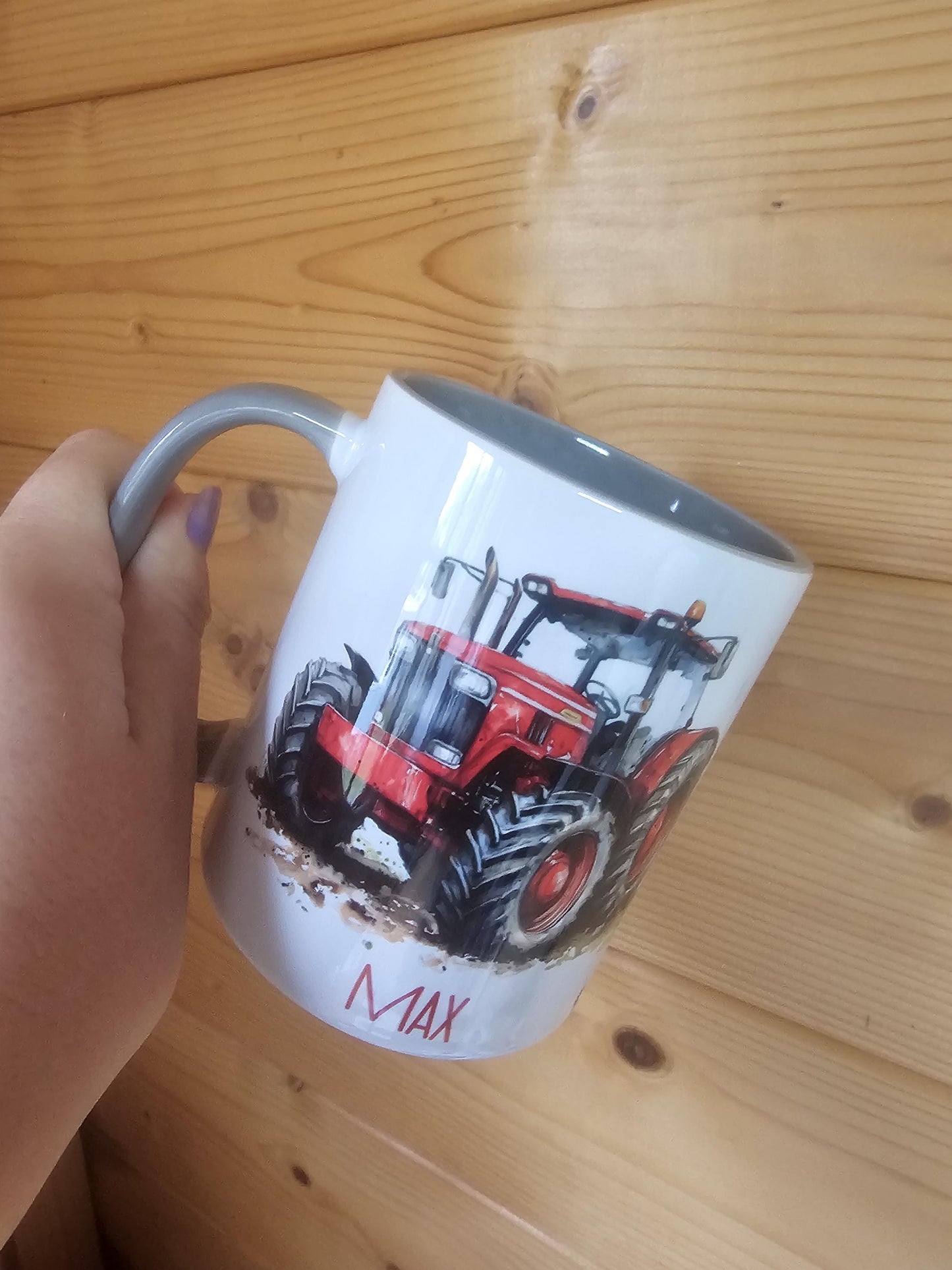 Personalised Red Tractor Mug & Coaster Set, Farmer Gift, Grey Mug