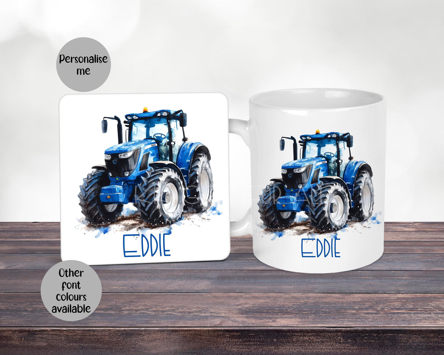 Personalised Blue Tractor Mug & Coaster Set, Farmer Christmas Or Birthday Gift