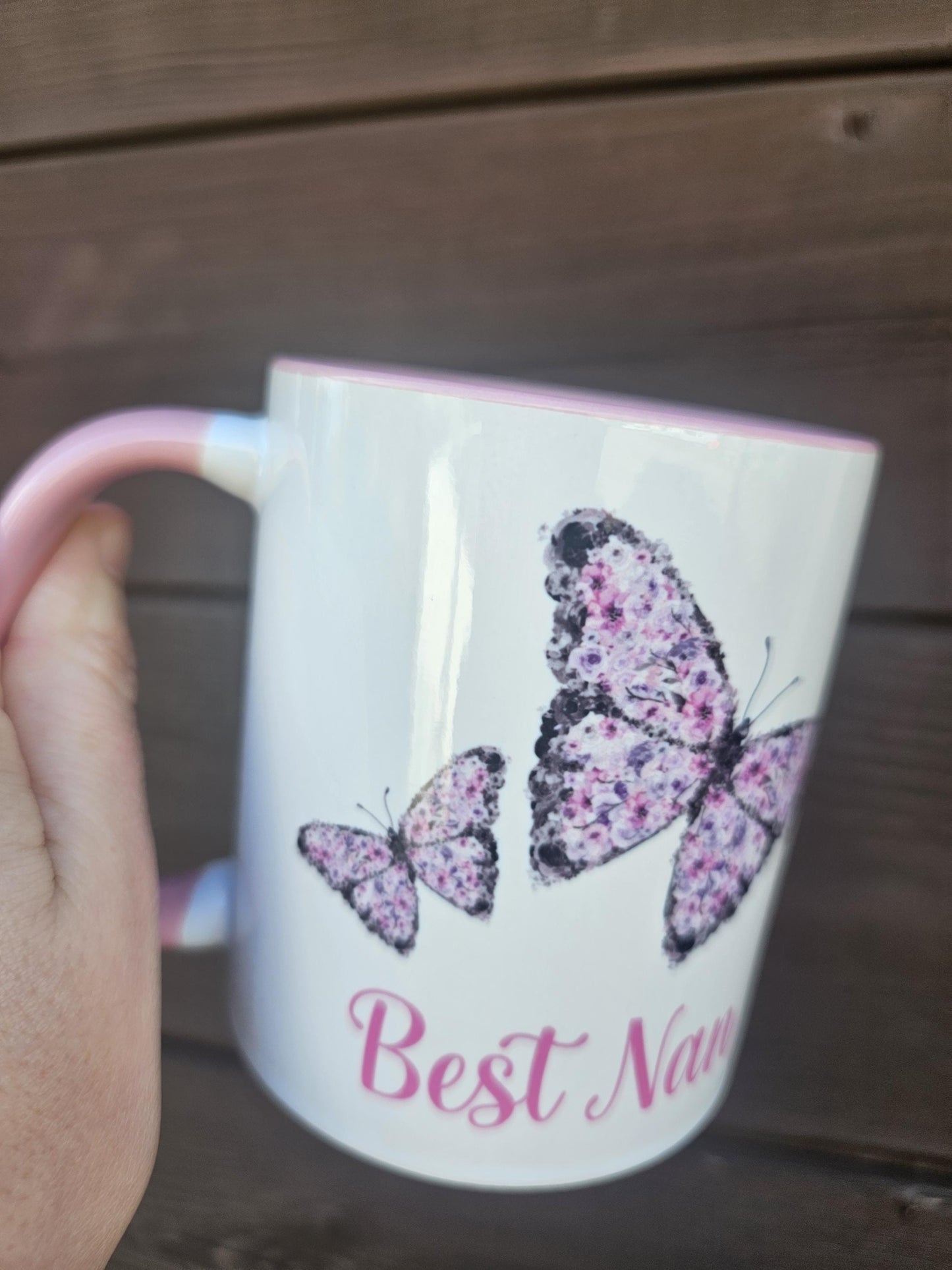 Pink Butterfly Mug & Coaster, Personalised BirthdayAnniversary Gift, Gift For Mum Nan Wife Girlfriend, Floral Butterfly