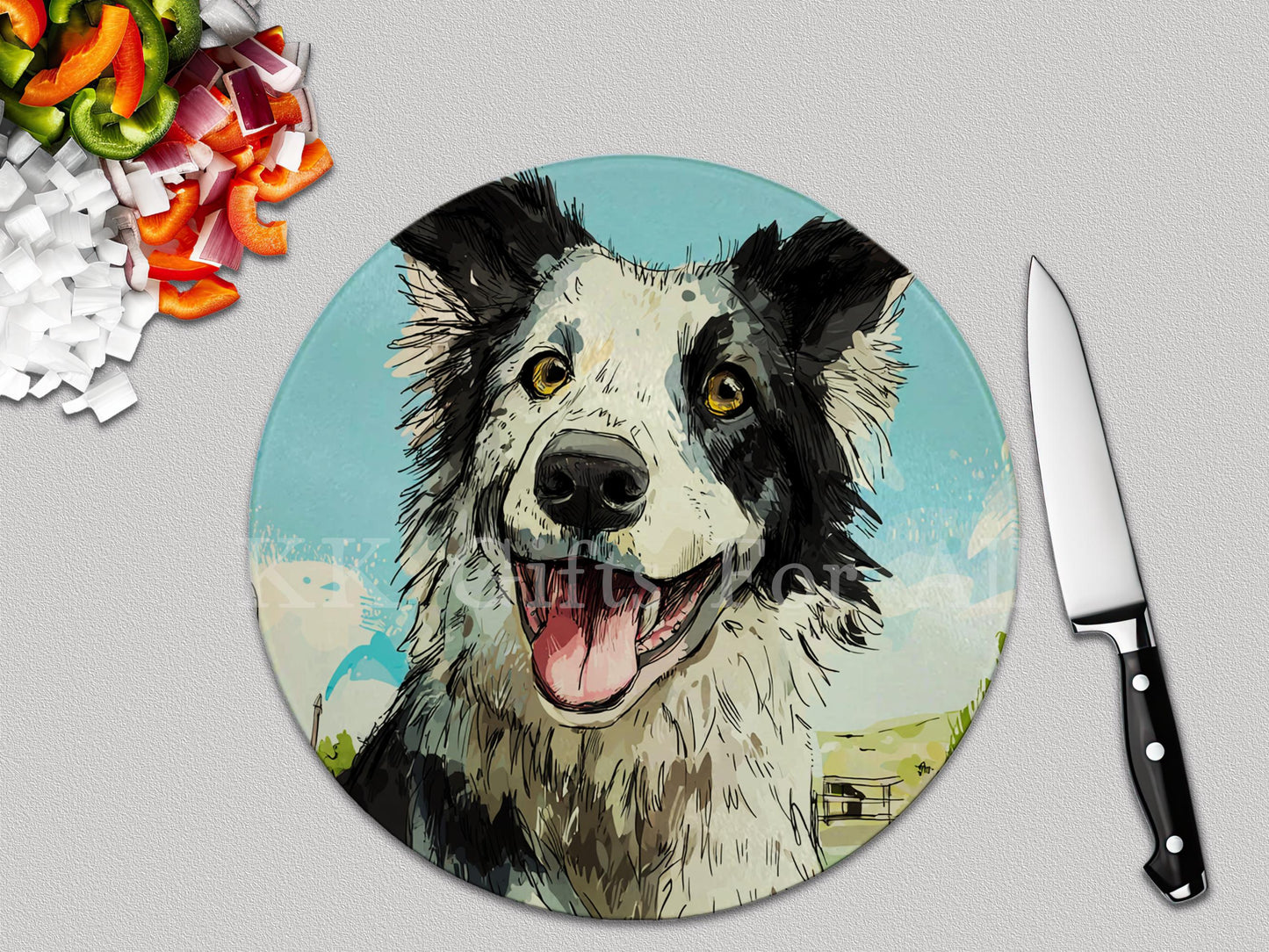 Collie Farm Dog Chopping Board, Glass Work Top Saver, Cutting Board, New Home Gifts, Farmhouse Kitchen Decor