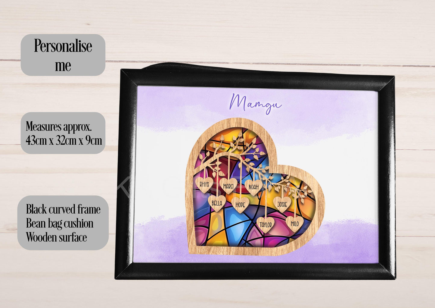 Stained Glass Family Lap Tray, Special Nan Gifts, Mother's Day Gift For Grandmother, Personalised Heart Lap Tray, Family Tree Branch Gifts