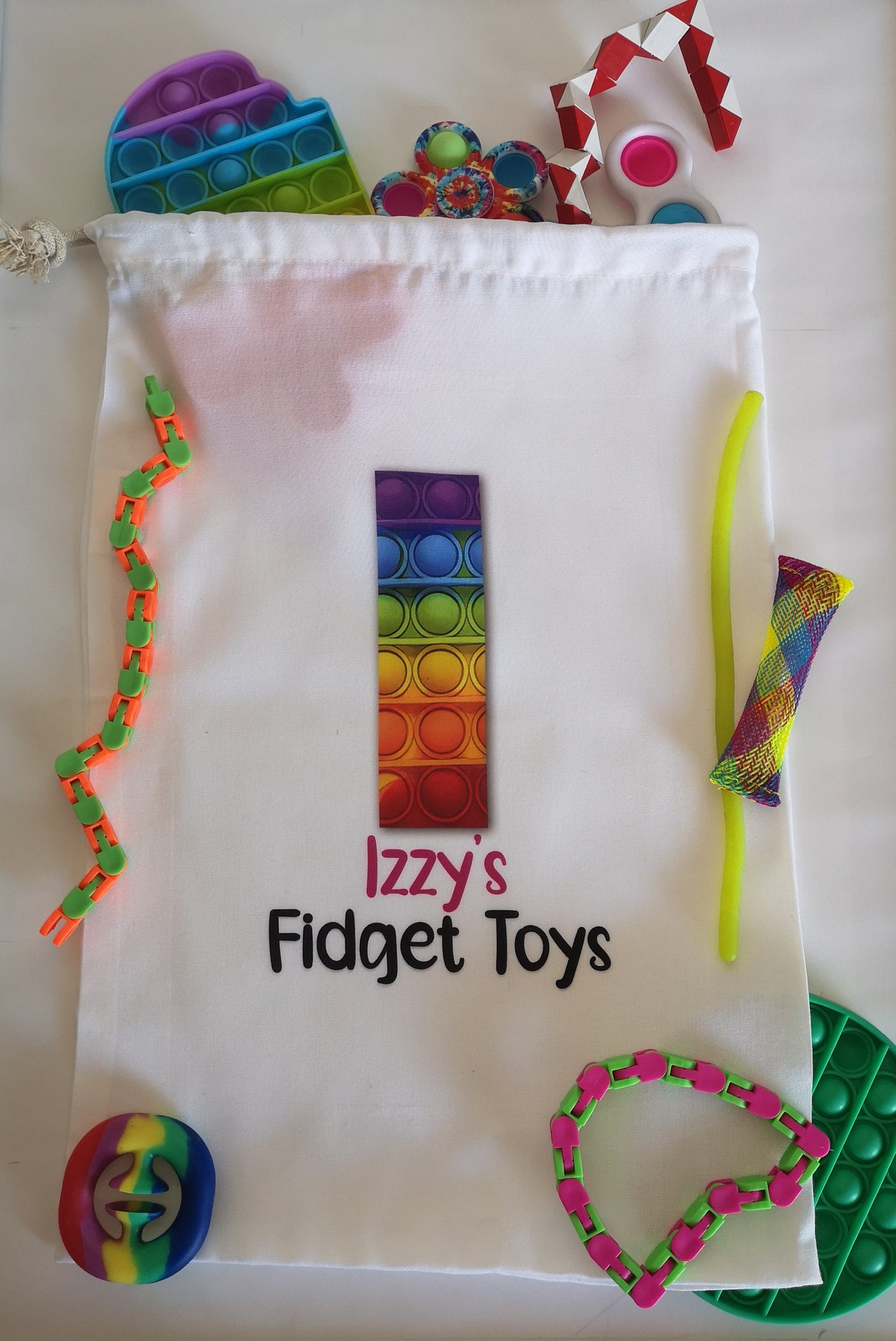 Personalised Fidget Storage Bag, Fidget Design White Drawstring, Initial & Name, Kids Toy Storage, Gift For Children, Pop It Sensory Toy Bag