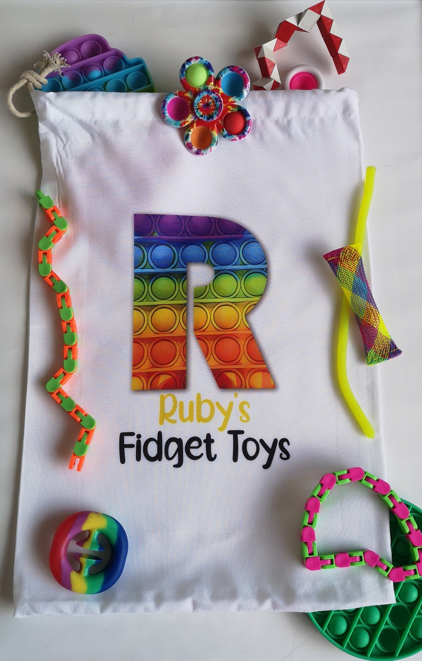 Personalised Fidget Storage Bag, Fidget Design White Drawstring, Initial & Name, Kids Toy Storage, Gift For Children, Pop It Sensory Toy Bag