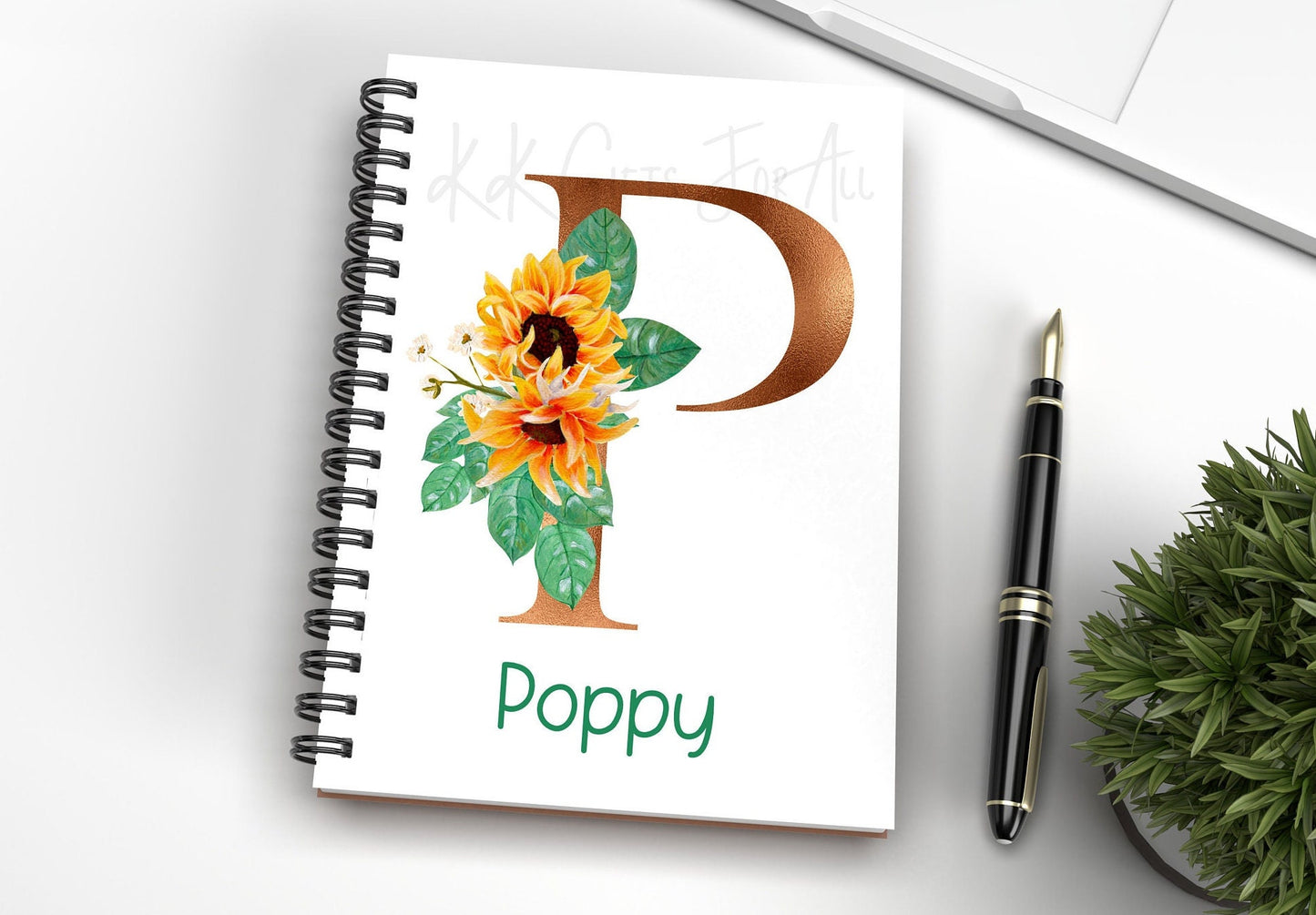 Personalised Initial Notebook, Copper Initial With Sunflower, Custom Notepad for Her, Birthday Gift Idea, Office Notes, Nan's Shopping List