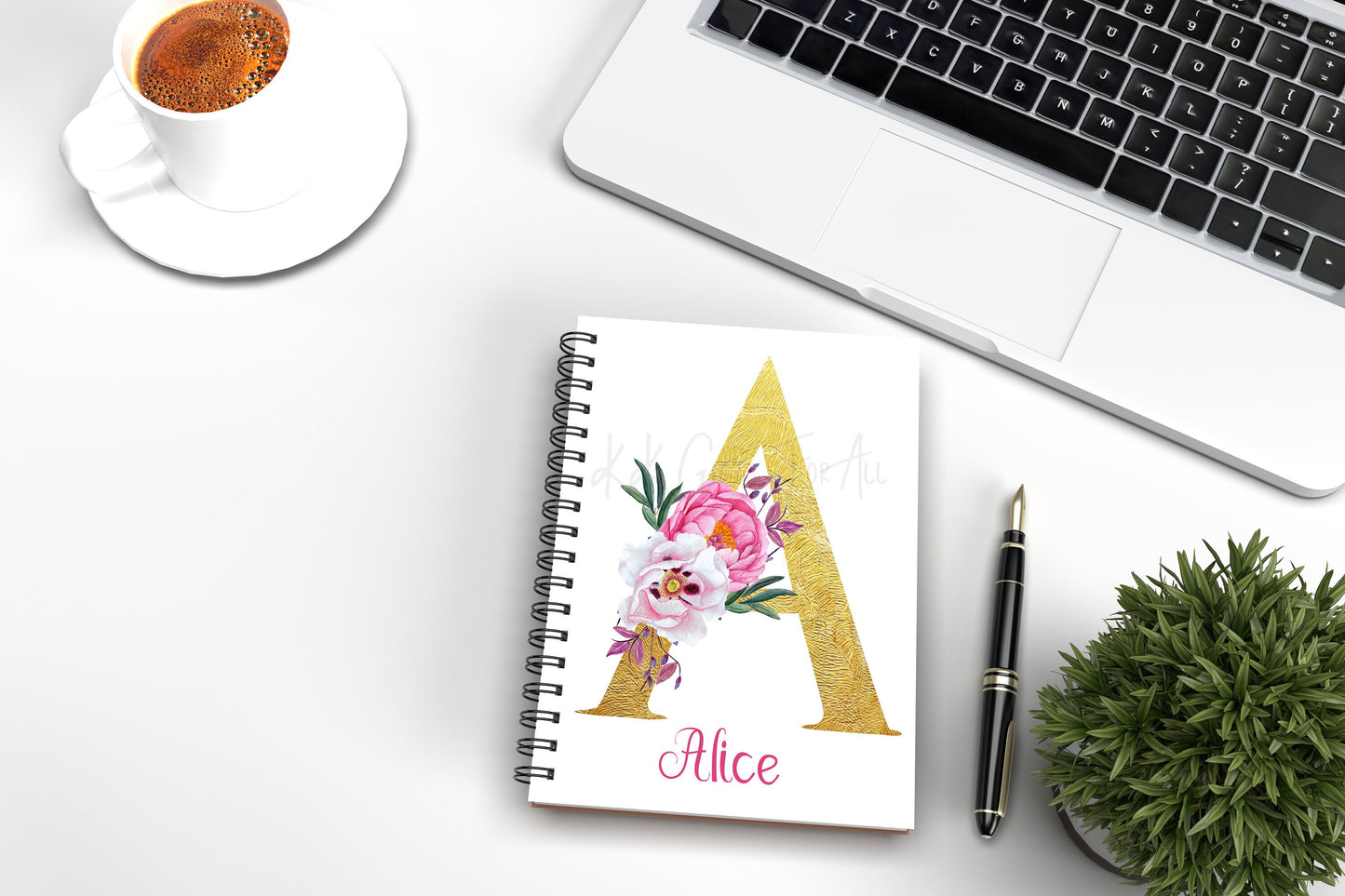 Personalised Notebook, Initial And Name Notepad For Her, Birthday Gift Ideas, Gold Initial With Floral Design, Office Notebook, Gift For Mum