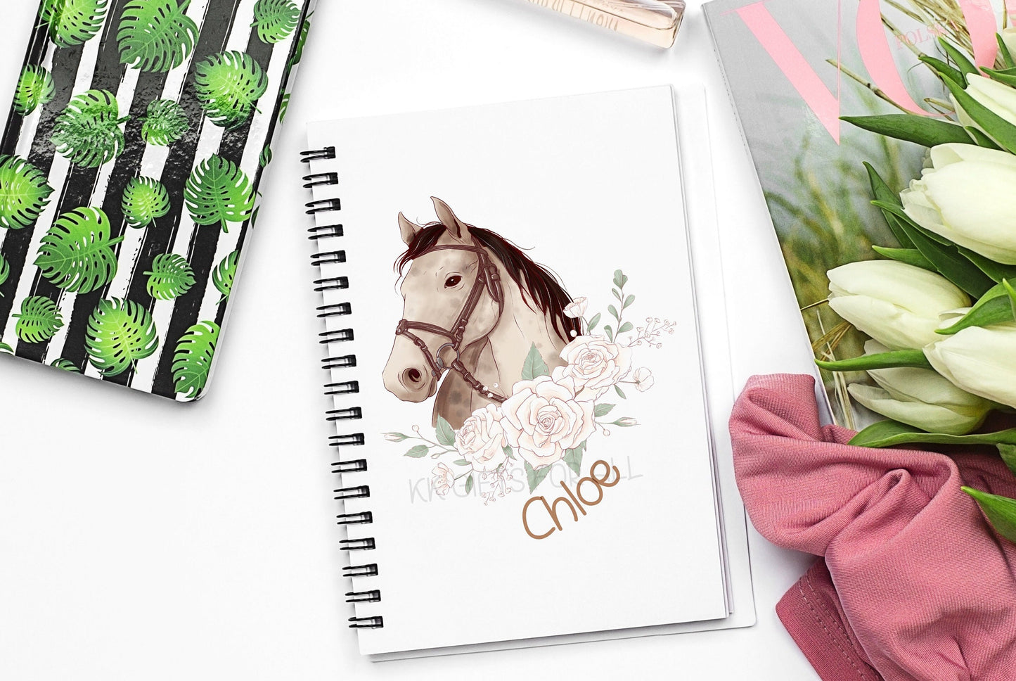 Personalised A5 Horse Notebook, Gift For Horse Rider Lover Owner, Horse And Roses Notepad, Notebook For Her