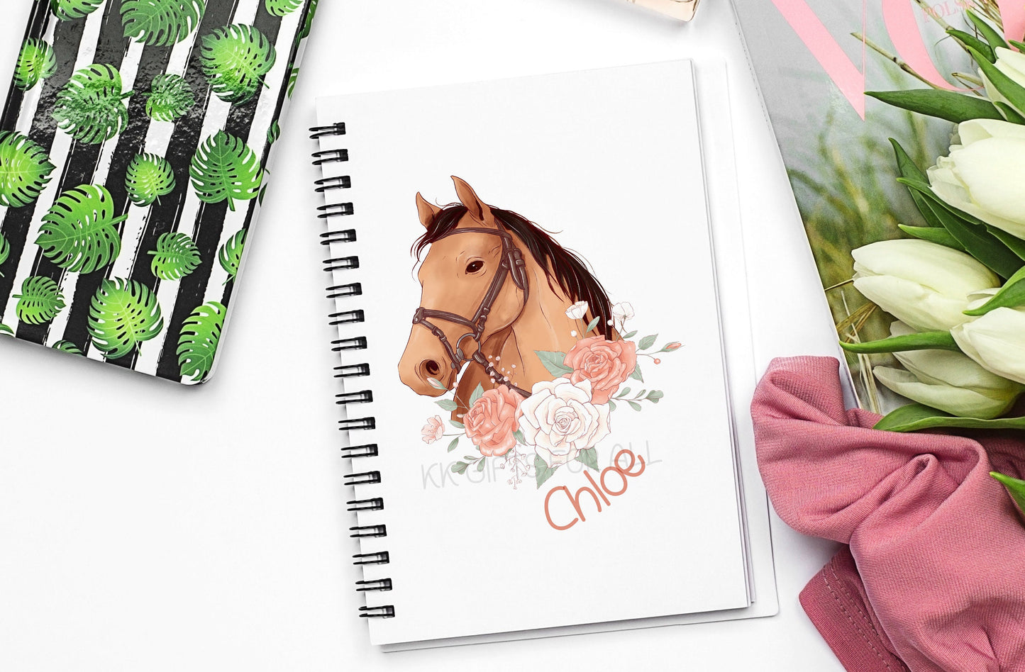 Personalised A5 Horse Notebook, Gift For Horse Rider Lover Owner, Horse And Roses Notepad, Notebook For Her