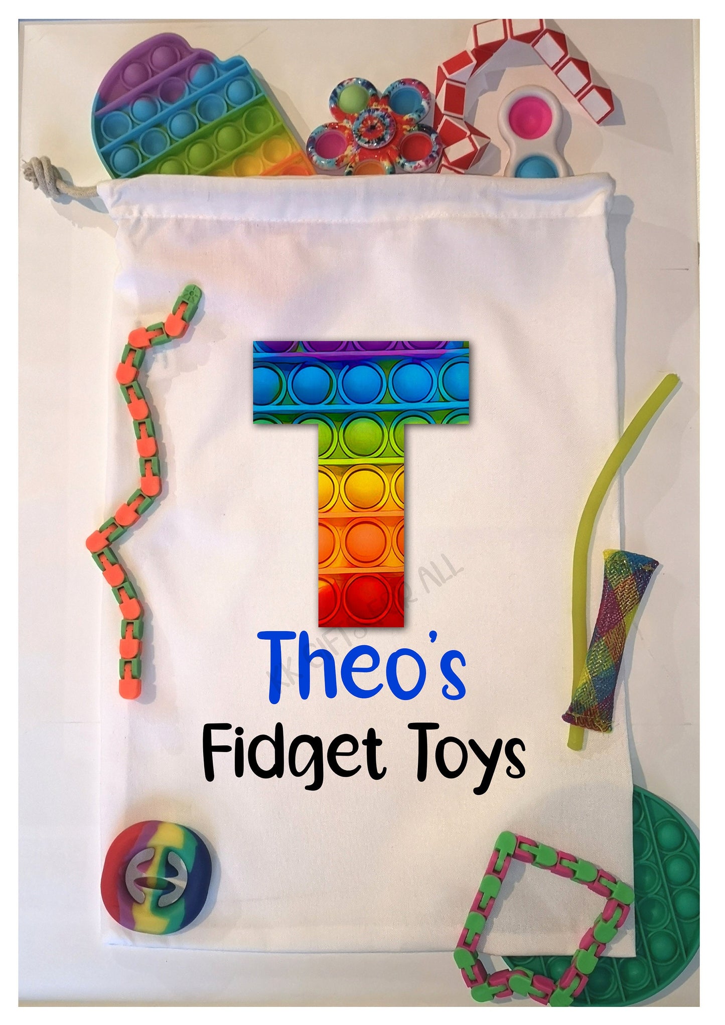 Personalised Fidget Storage Bag, Fidget Design White Drawstring, Initial & Name, Kids Toy Storage, Gift For Children, Pop It Sensory Toy Bag