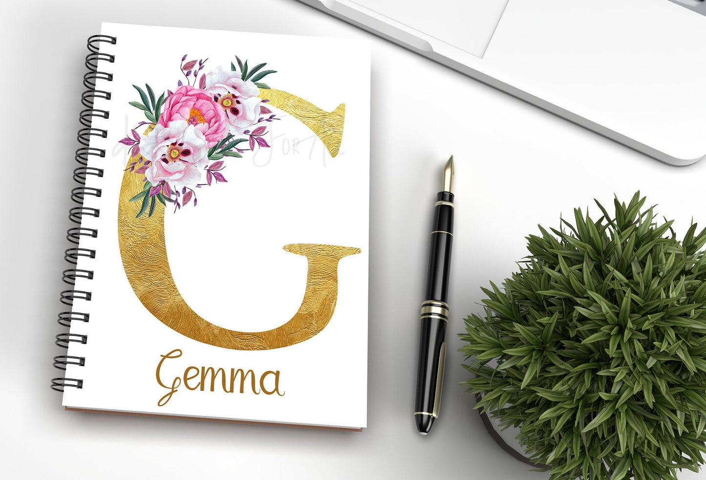 Personalised Notebook, Initial And Name Notepad For Her, Birthday Gift Ideas, Gold Initial With Floral Design, Office Notebook, Gift For Mum