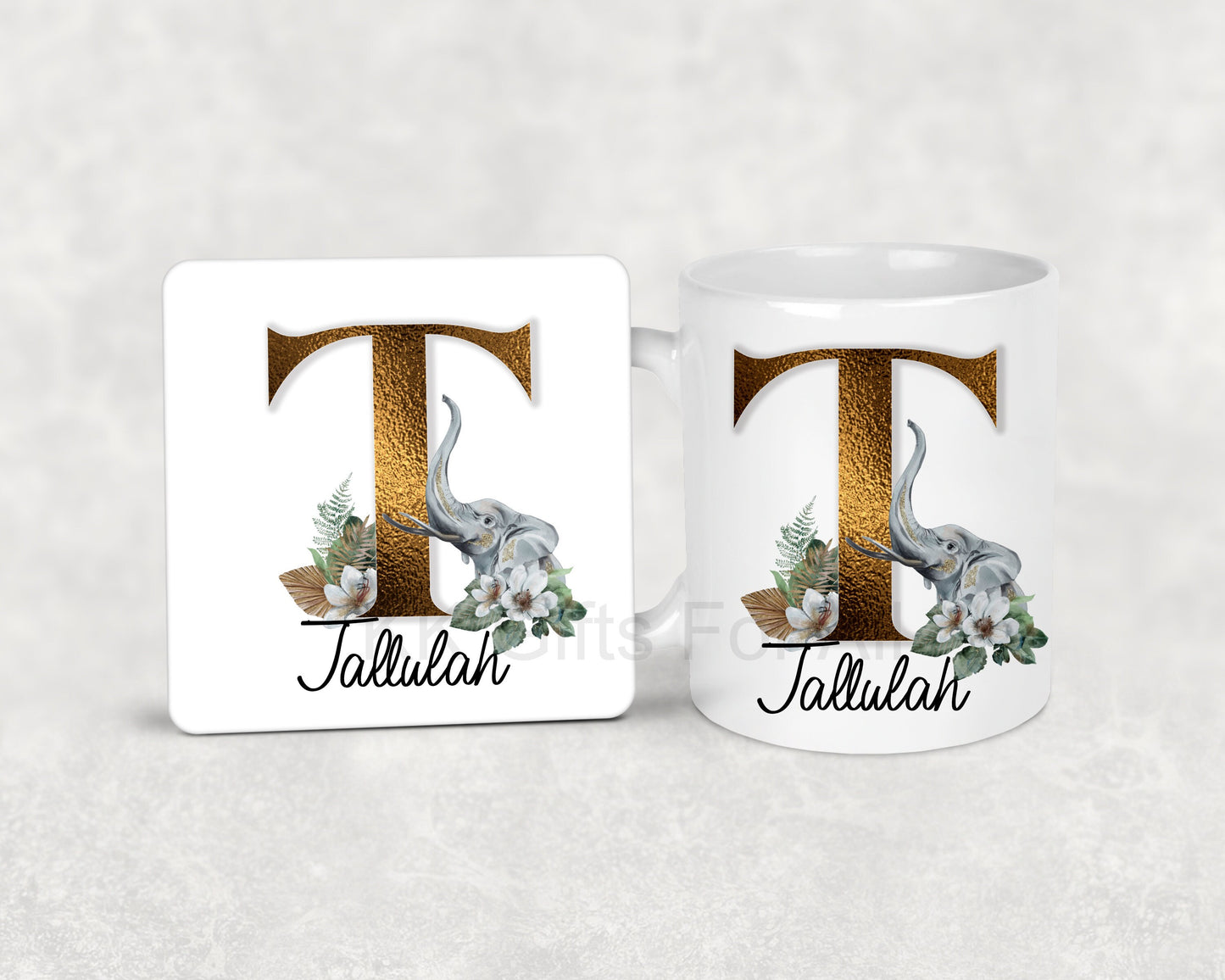 Initial Elephant, Personalised Gold Letter With Elephant, Matching Mug & Coaster, Gift For Wife, Birthday Ideas For Her, Custom Gift Ideas