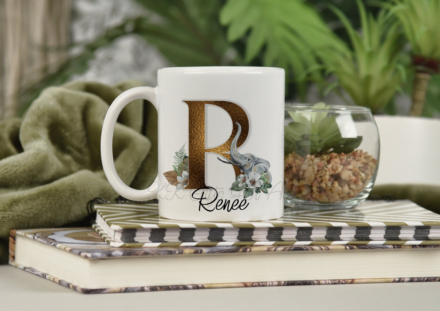 Initial Elephant, Personalised Gold Letter With Elephant, Matching Mug & Coaster, Gift For Wife, Birthday Ideas For Her, Custom Gift Ideas